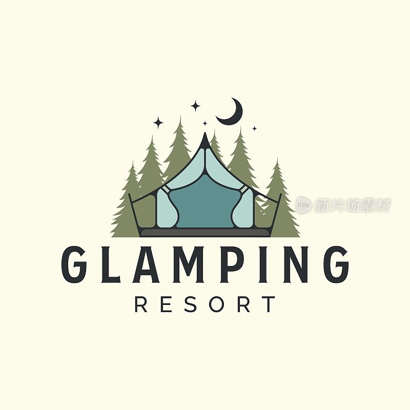 Glamping in night with vintage矢量标志模板插画设计，露营，帐篷标志概念